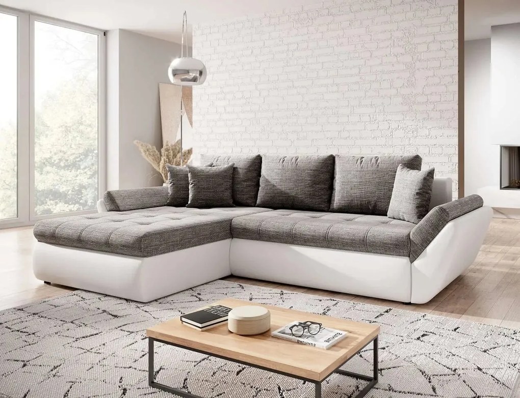 Colțar extensibil dumonde cu ladă de depozitare si sezut confortabil din spuma high-density, Loana Magma White II 275x185 cm