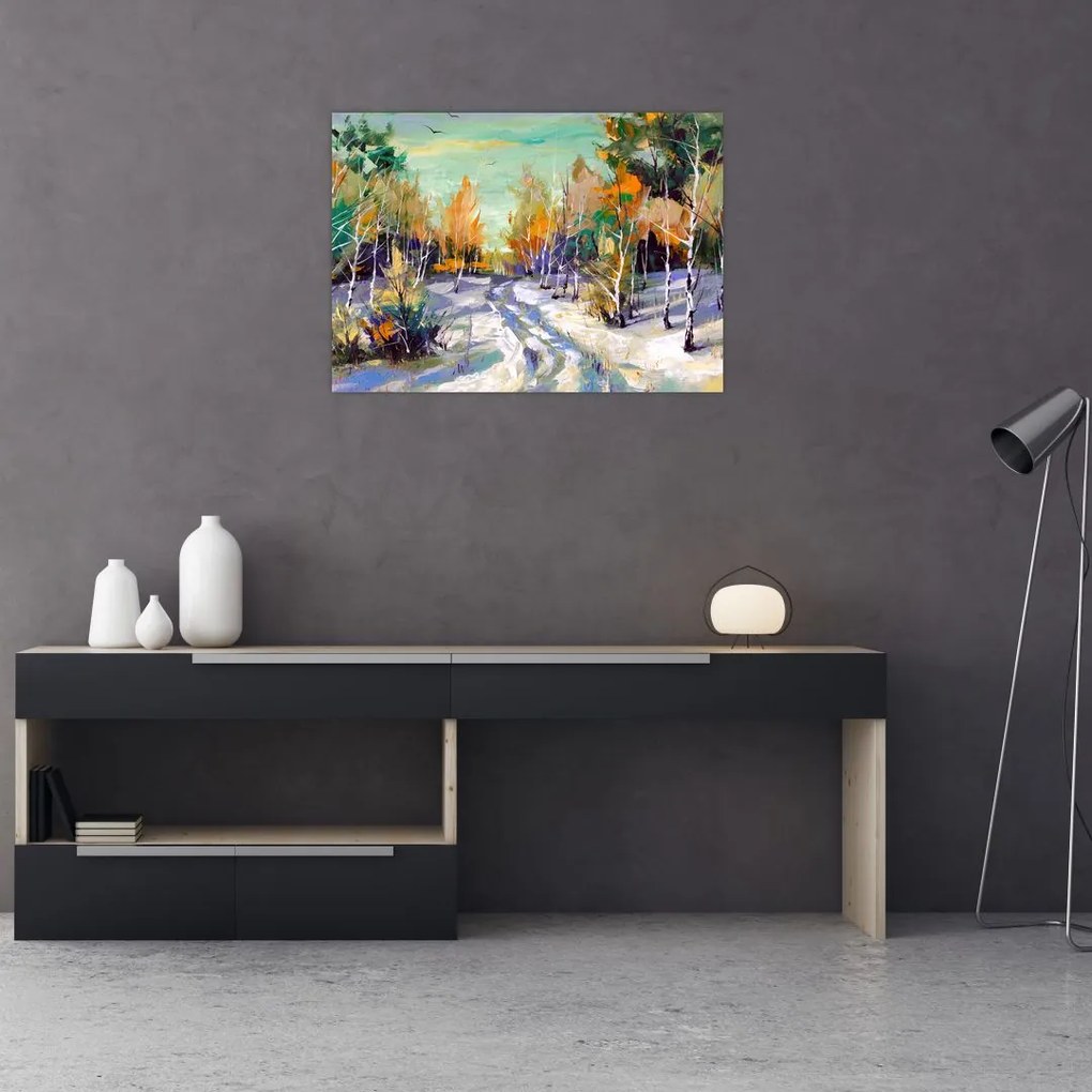 Tablou pe sticlă - Drum înzăpezit prin pădure (70x50 cm)