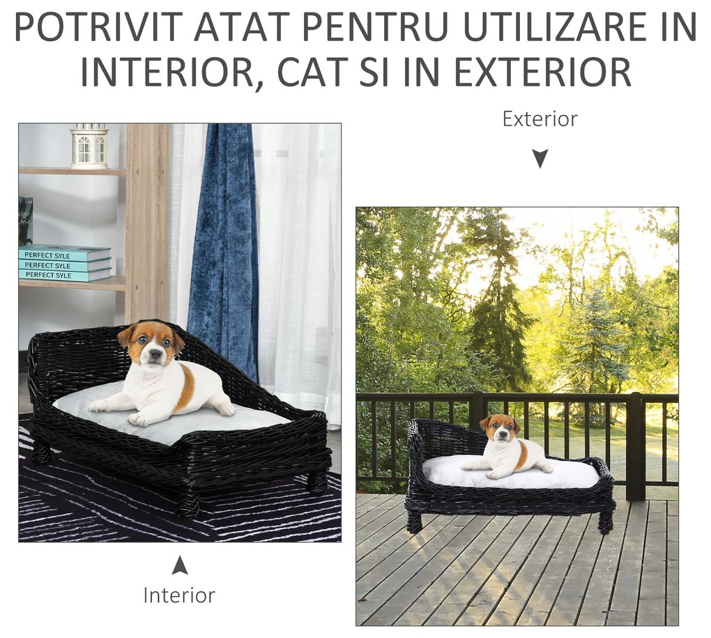 PawHut Șezlong Elegant din Nuiele pentru Câini, cu Pernă Confortabilă, Negru | Aosom Romania