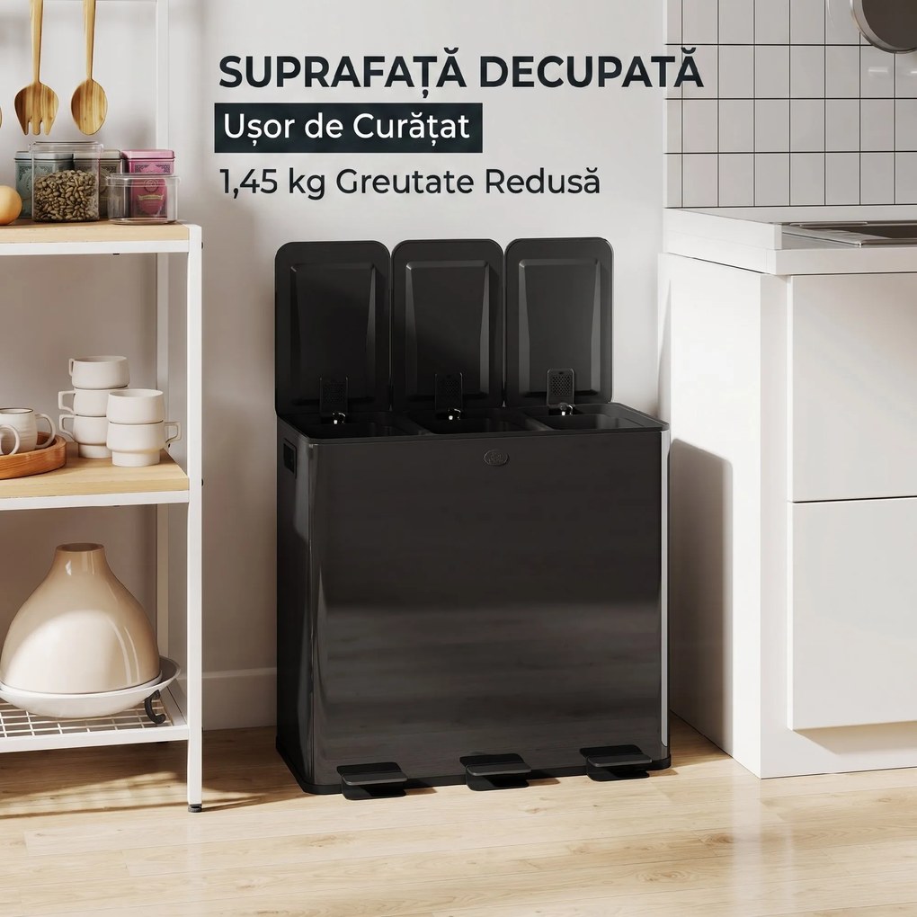 HOMCOM Coș de Gunoi cu 3 Secțiuni de 20L cu Pedală și 2 Capace cu Închidere Silențioasă, Coș de Gunoi din Oțel Inoxidabil și PP, 61.9x36.6x56.7 cm, Negru | Aosom Romania