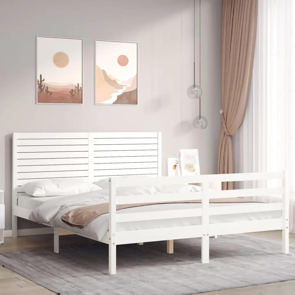 3195032 vidaXL Cadru de pat cu tăblie, alb, king size, lemn masiv