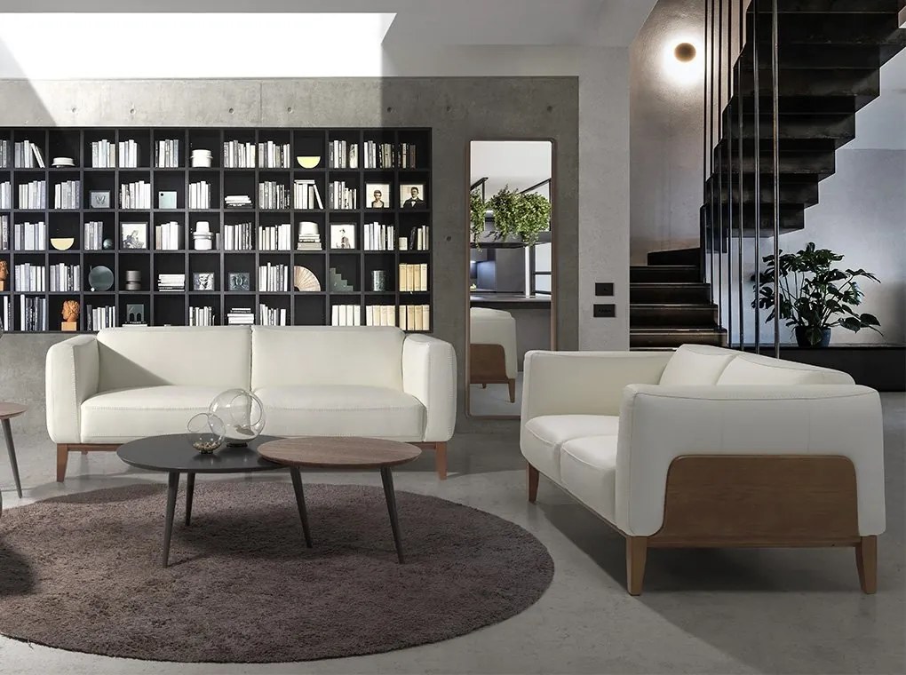 Canapea 2 locuri eleganta tapitata in piele alba, design LUX Arawan