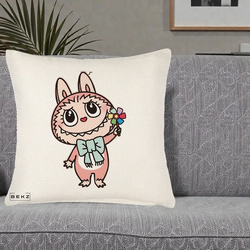 Perna Personalizata Labubu Roz cu Morisca, 40x40 cm, Crem Reliefat, Husa Detasabila, Perna Inclusa, BEKZ®