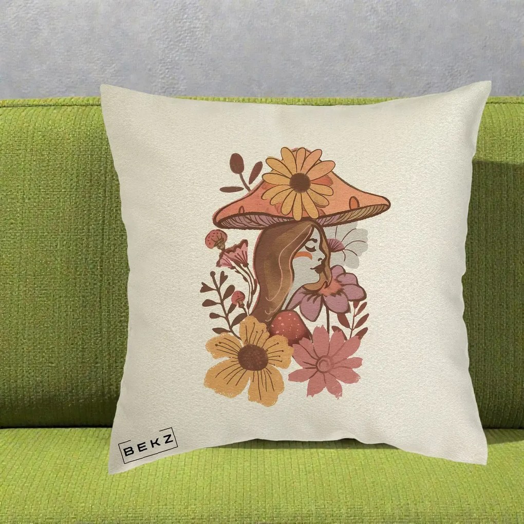 Perna Decorativa Fata Ciuperca Florala Boho, 40x40 cm, Ecru, Husa Detasabila, Perna Inclusa, BEKZ®