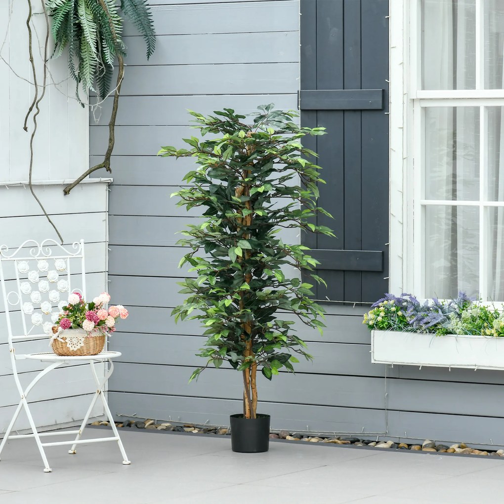 HOMCOM Plantă Ficus Falsă, Plantă Înaltă de 150cm, Plantă Artificială Decorativă pentru Interior și Exterior, Ø17x14.5 cm, Verde | Aosom Romania