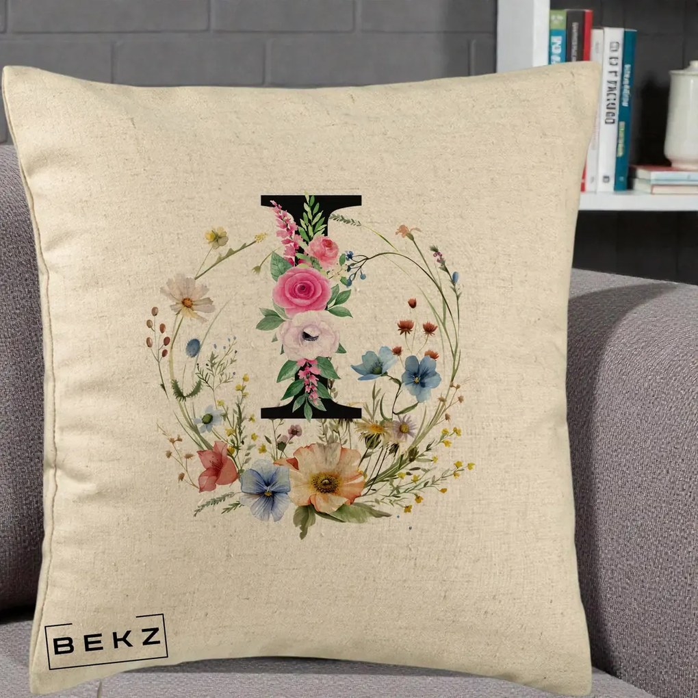 Cadou Personalizat - Perna Personalizata Monogram Litera I cu Flori Acuarela, 40x40 cm, Bej, Husa Detasabila, Perna Inclusa, BEKZ®