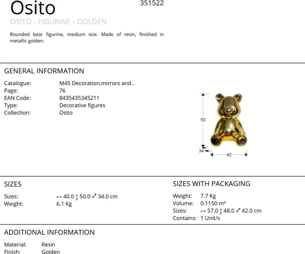 Figurina decorativa ursulet Osito aurie