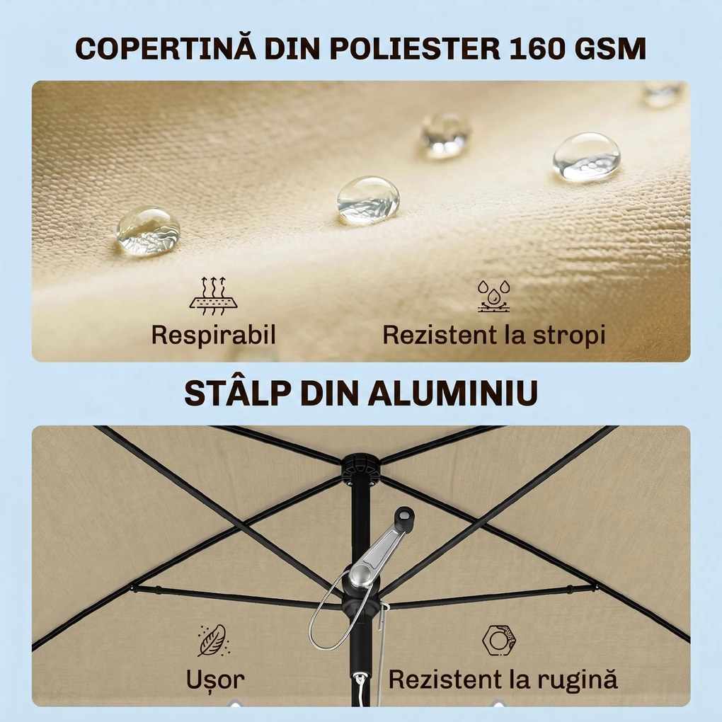 Outsunny Umbrelă pentru Grădină cu Înclinare Reglabilă și Stâlp din Aluminiu, 198x130x245 cm, Bej | Aosom Romania