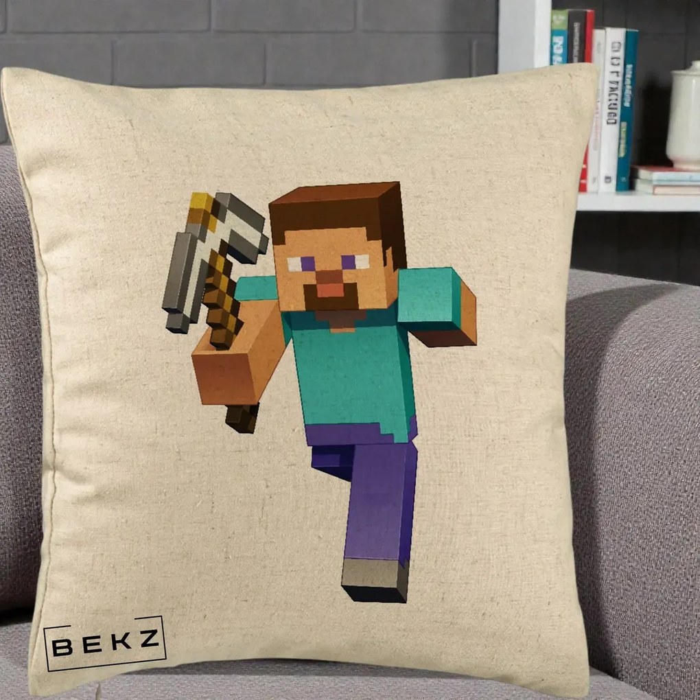 Perna Personalizata Minecraft Steve, 40x40 cm, Bej, Husa Detasabila, Perna Inclusa, BEKZ®