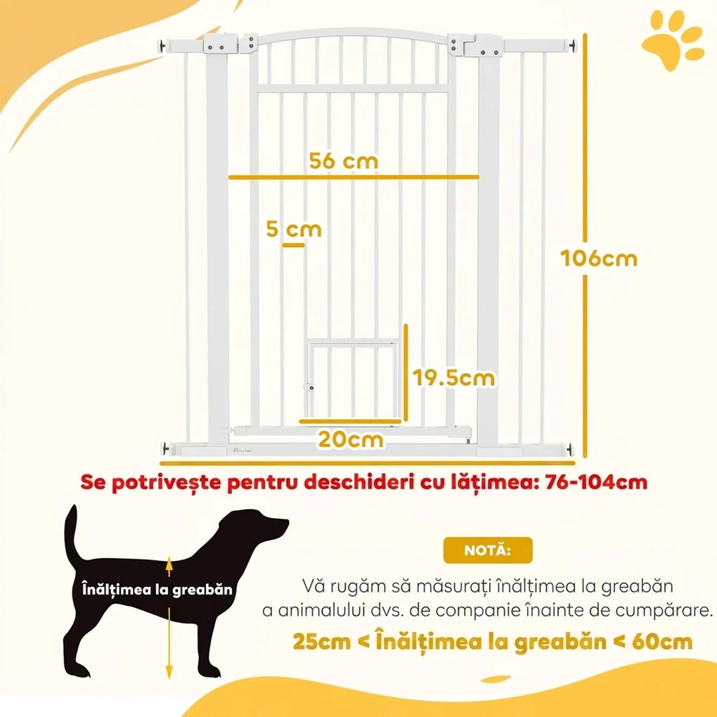 PawHut Poartă de Siguranță Extensibilă pentru Câini 76-104 x 106 cm, Deschidere cu O Singură Mână, Alb | Aosom Romania