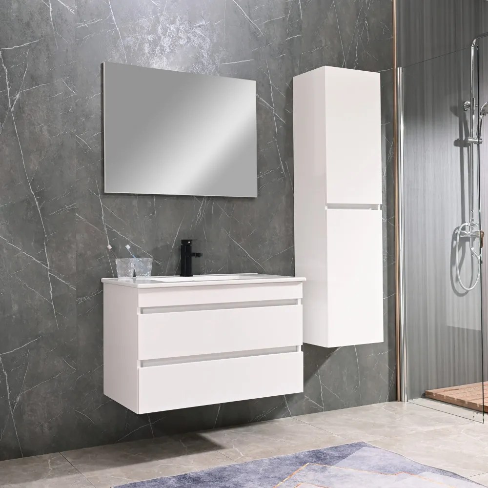 Mască de baie Cube 80 cu chiuvetă ceramică, 2 sertare, vopsită în alb lucios