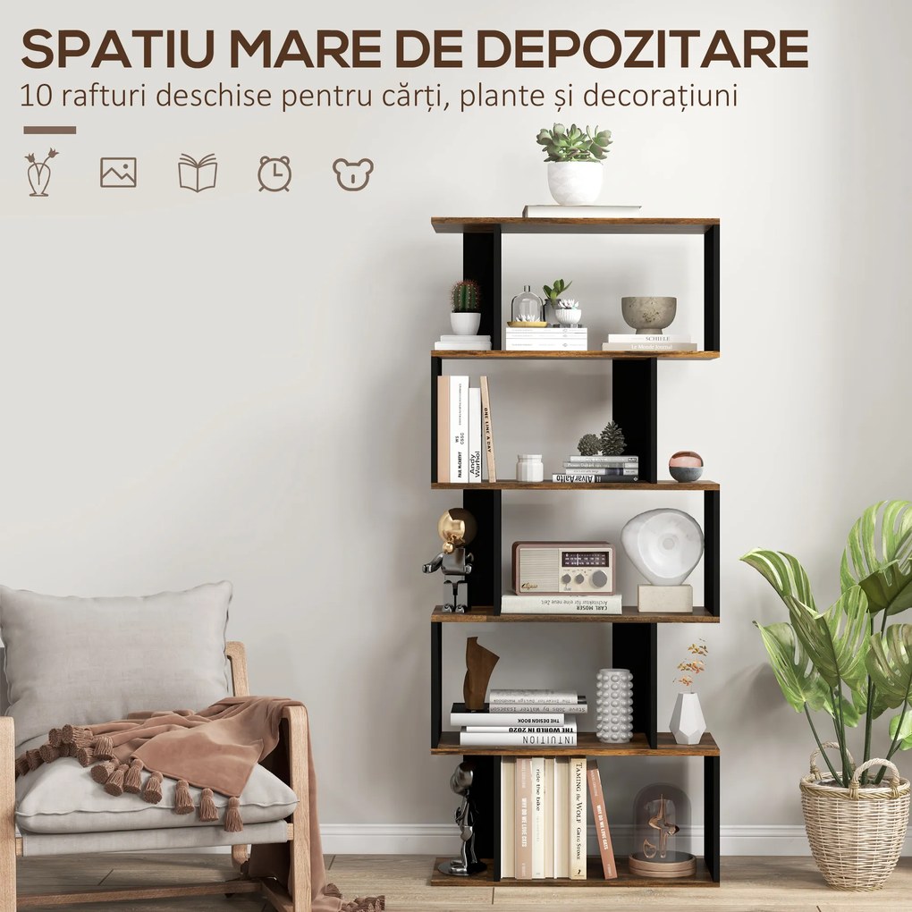 HOMCOM Biblioteca Moderna cu 5 Nivele, 10 Rafturi de Depozitare Deschise pentru Camera de Zi, Biroul de Studiu de Acasa, Maro Rustic | Aosom Romania