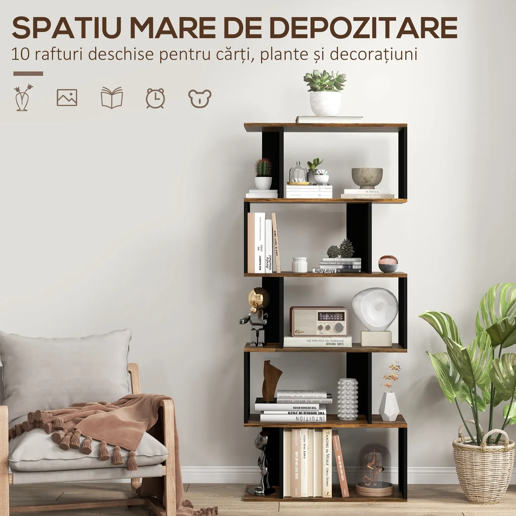 HOMCOM Biblioteca Moderna cu 5 Nivele, 10 Rafturi de Depozitare Deschise pentru Camera de Zi, Biroul de Studiu de Acasa, Maro Rustic | Aosom Romania