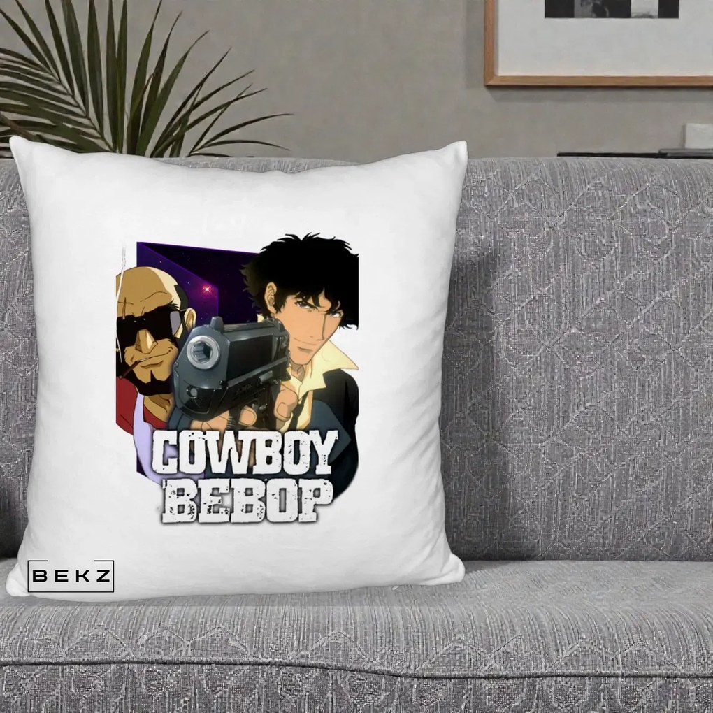 Perna Personalizata Cowboy Bebop Spike si Jet Poster, 40x40 cm, Alb Pufos, Husa Detasabila, Perna Inclusa, BEKZ®