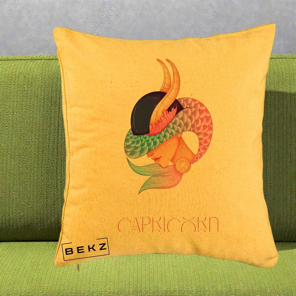 Perna Personalizata Zodiac Capricorn Cowgirl, 40x40 cm, Galben, Husa Detasabila, Perna Inclusa, BEKZ®