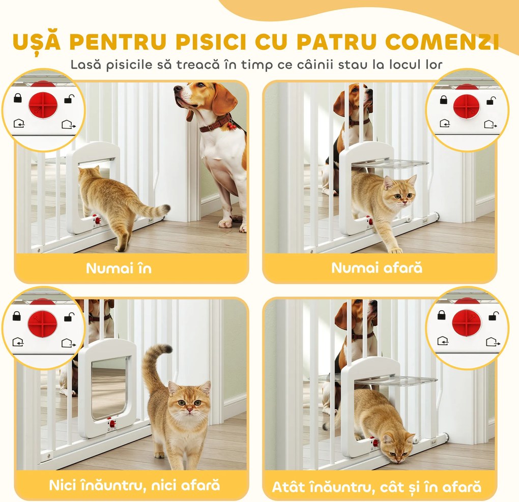 PawHut Poartă pentru Câini și Pisici Extensibilă cu Ușă Integrată, Poartă din Oțel și ABS, 75-85x2x76 cm, Alb | Aosom Romania