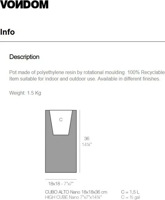 Ghiveci plante design decorativ modern interior / exterior HIGH CUBE mini 18x18x36cm