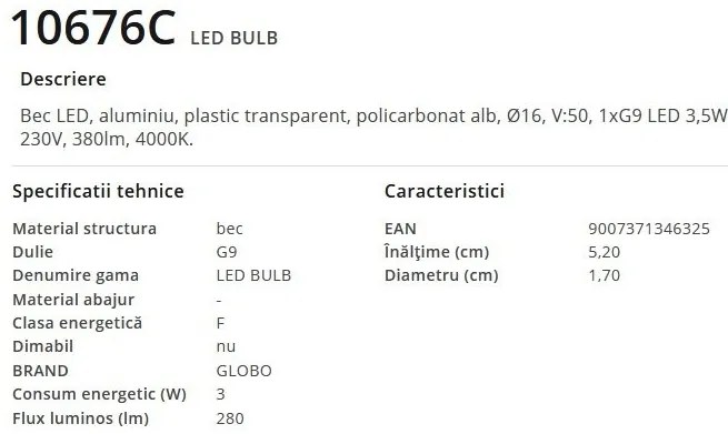 Bec LED G9 3,5W 4000K