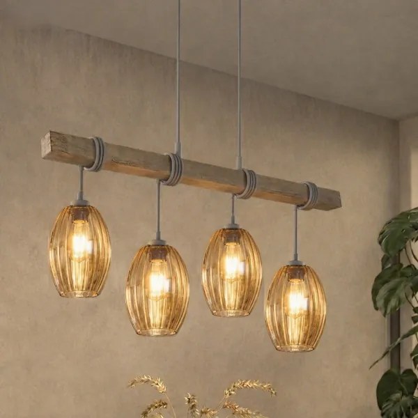 Brilagi - Candelabru suspendat pe cablu WOOD GLASS 4xE27/60W/230V pin/gri/maro fumuriu