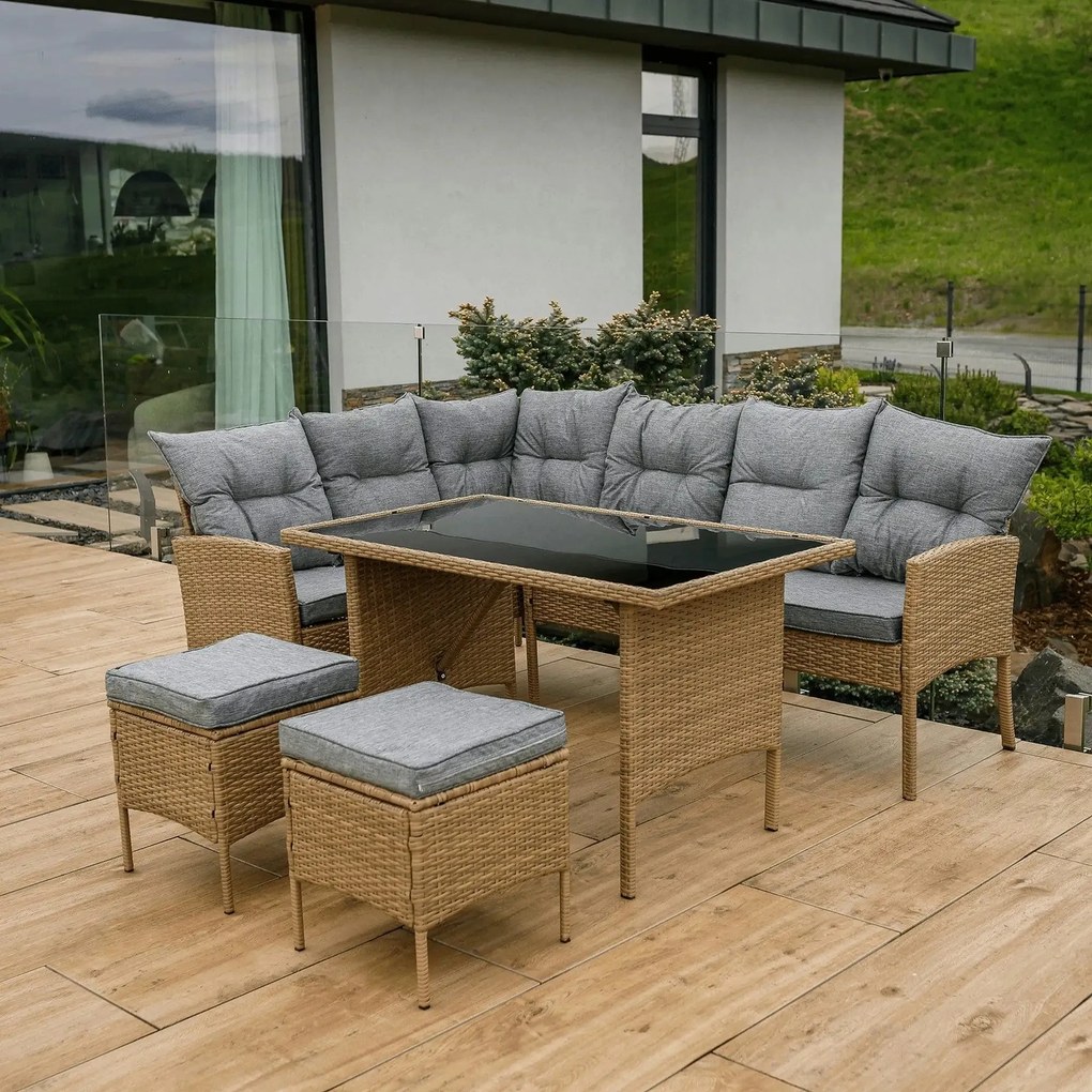 Set gradina RANDI, stejar/gri deschis/negru, ratan sintetic/sticla tem