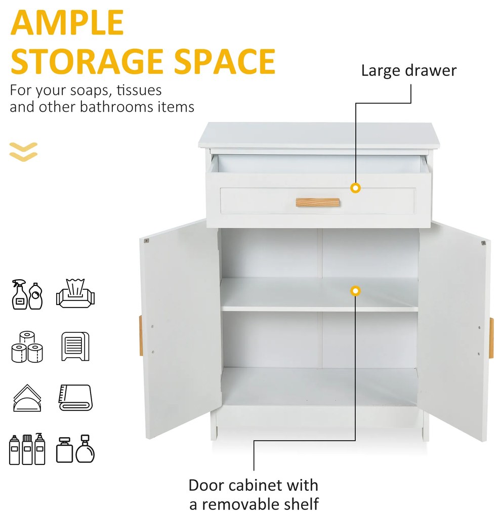 kleankin Dulăpior de Baie Multifuncțional cu Ușă Dublă Articulată și Sertar Organizator Îngust, 59x29x80 cm, Alb | Aosom Romania