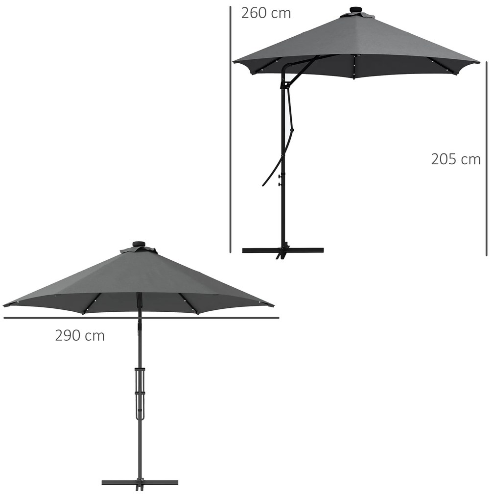Outsunny Umbrelă Excentrică de 3 m cu Lumini LED cu Manivelă și Bază în Cruce pentru Exterior Patio Terasă Gri Închis | Aosom Romania