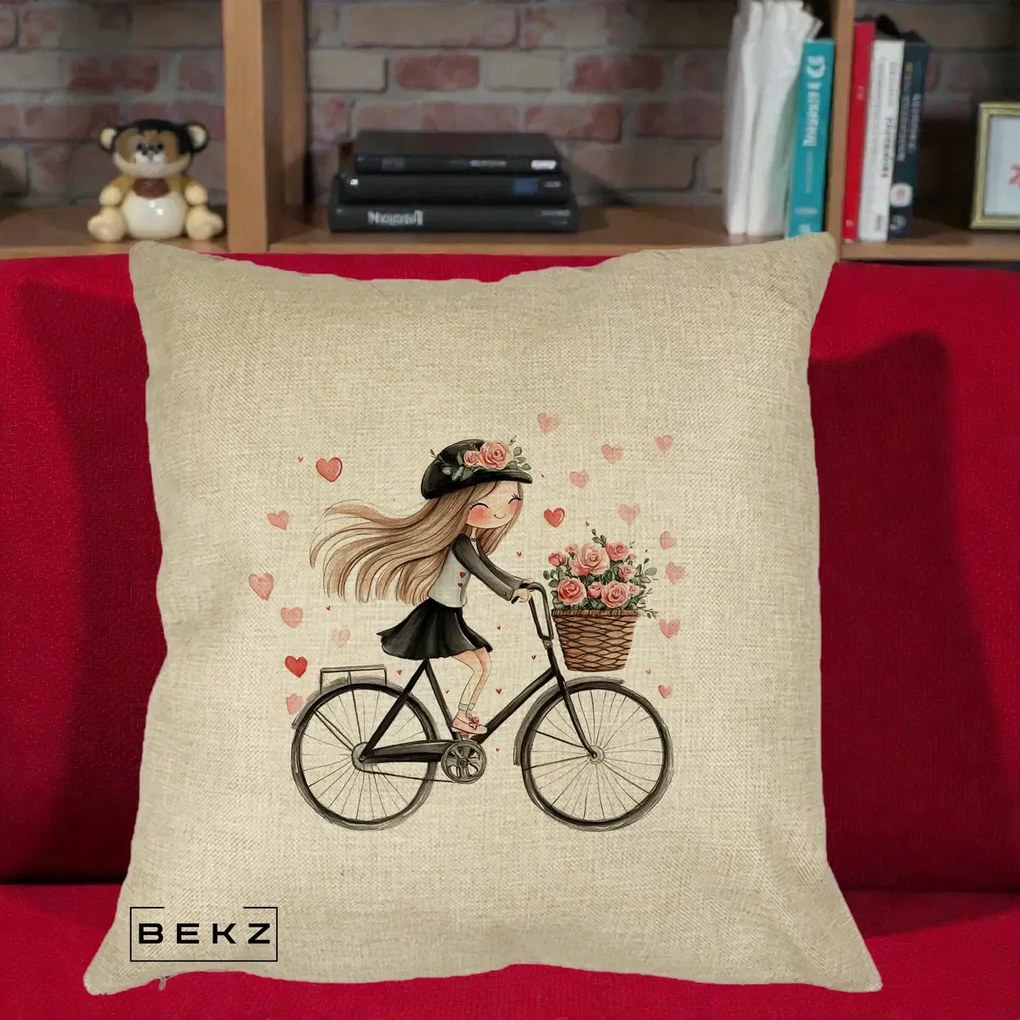 Perna Decorativa Fetita Kawaii pe Bicicleta cu Trandafiri si Inimioare, 40x40 cm, Crem, Husa Detasabila, Perna Inclusa, BEKZ®