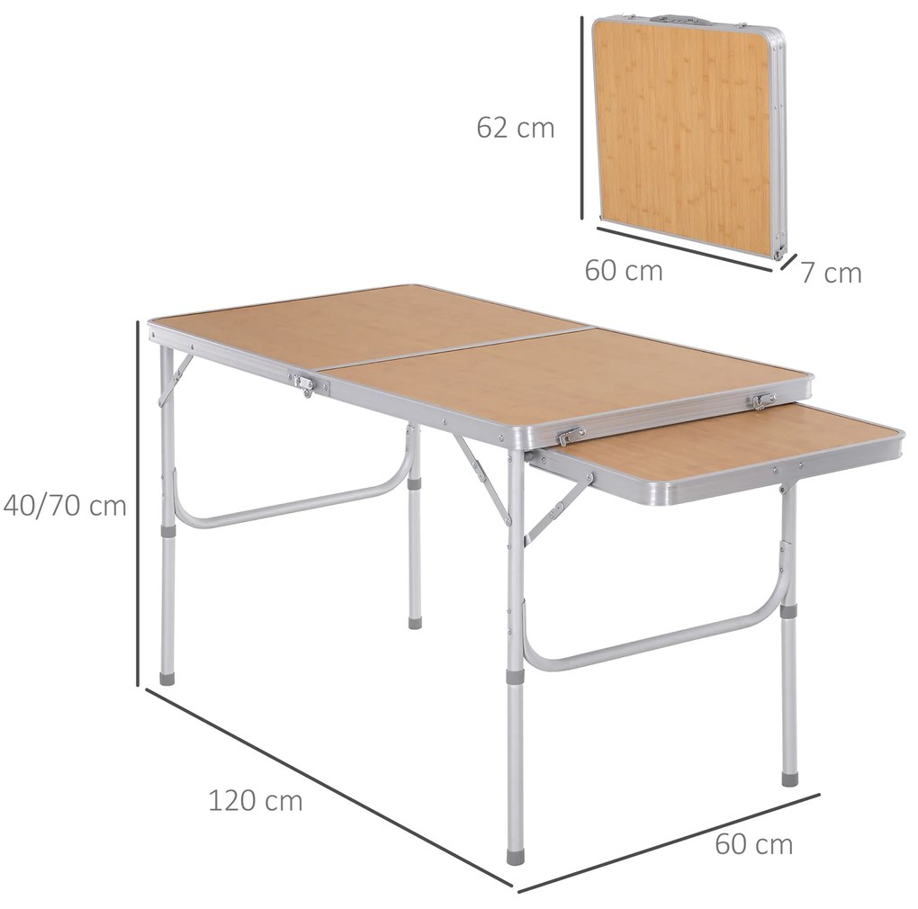 Outsunny Masa Pliabilă de Camping 5Kg, Ușor de Transportat, cu Panou Retractabil 120cm x 60cm x 40/70cm | Aosom Romania