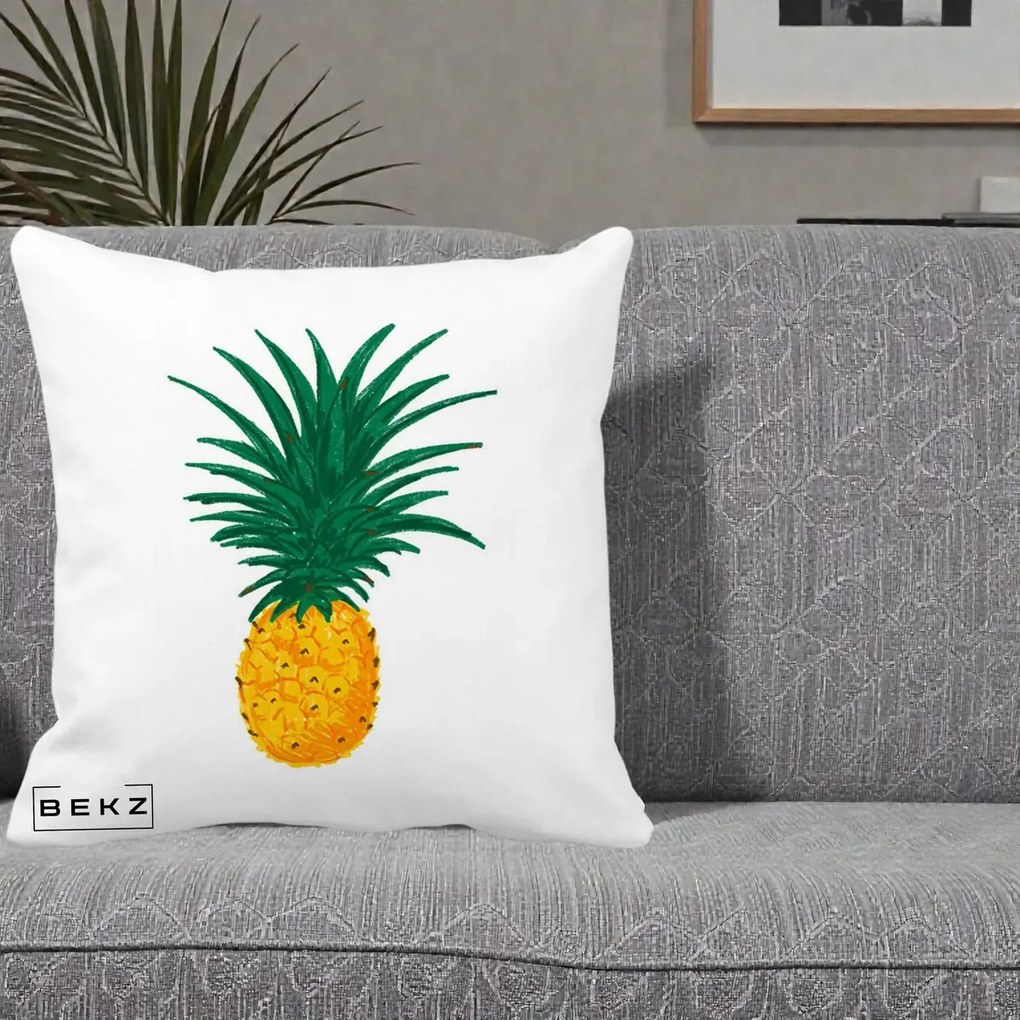 Perna Decorativa Ananas Tropical, 40x40 cm, Alba Mata, Husa Detasabila, Perna Inclusa, BEKZ®