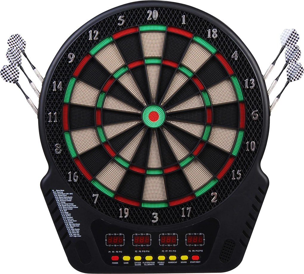 HOMCOM Țintă pentru Darts cu 6 Săgeți, Adaptor, 4 Afișaje LED și 27 de Jocuri, din ABS și PP, 44x51.5x3.2 cm, Negru | Aosom Romania