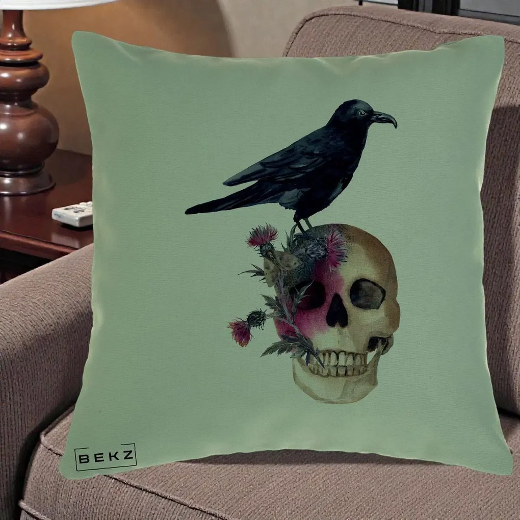 Perna Decorativa Craniu cu Corb si Flori Gothic, 40x40 cm, Verde, Husa Detasabila, Perna Inclusa, BEKZ®