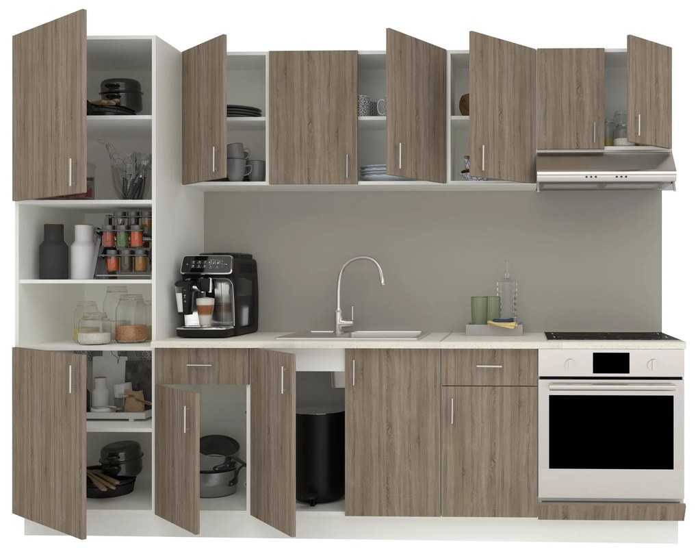 Set Bucatarie Karo V24, Stejar Sonoma Inchis/Alb, Blat Thermo 28 mm, L 280 cm