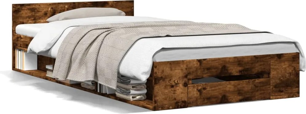 vidaXL Cadru pat cu sertar stejar fumuriu, 90x200 cm, lemn prelucrat