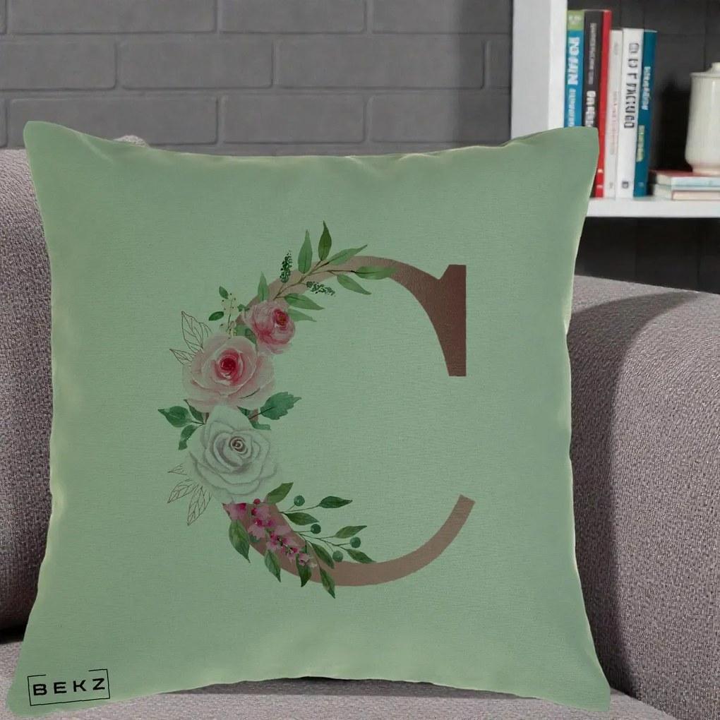 Cadou Personalizat - Perna Personalizata Monograma Rose Gold Litera C, 40x40 cm, Verde, Husa Detasabila, Perna Inclusa, BEKZ®