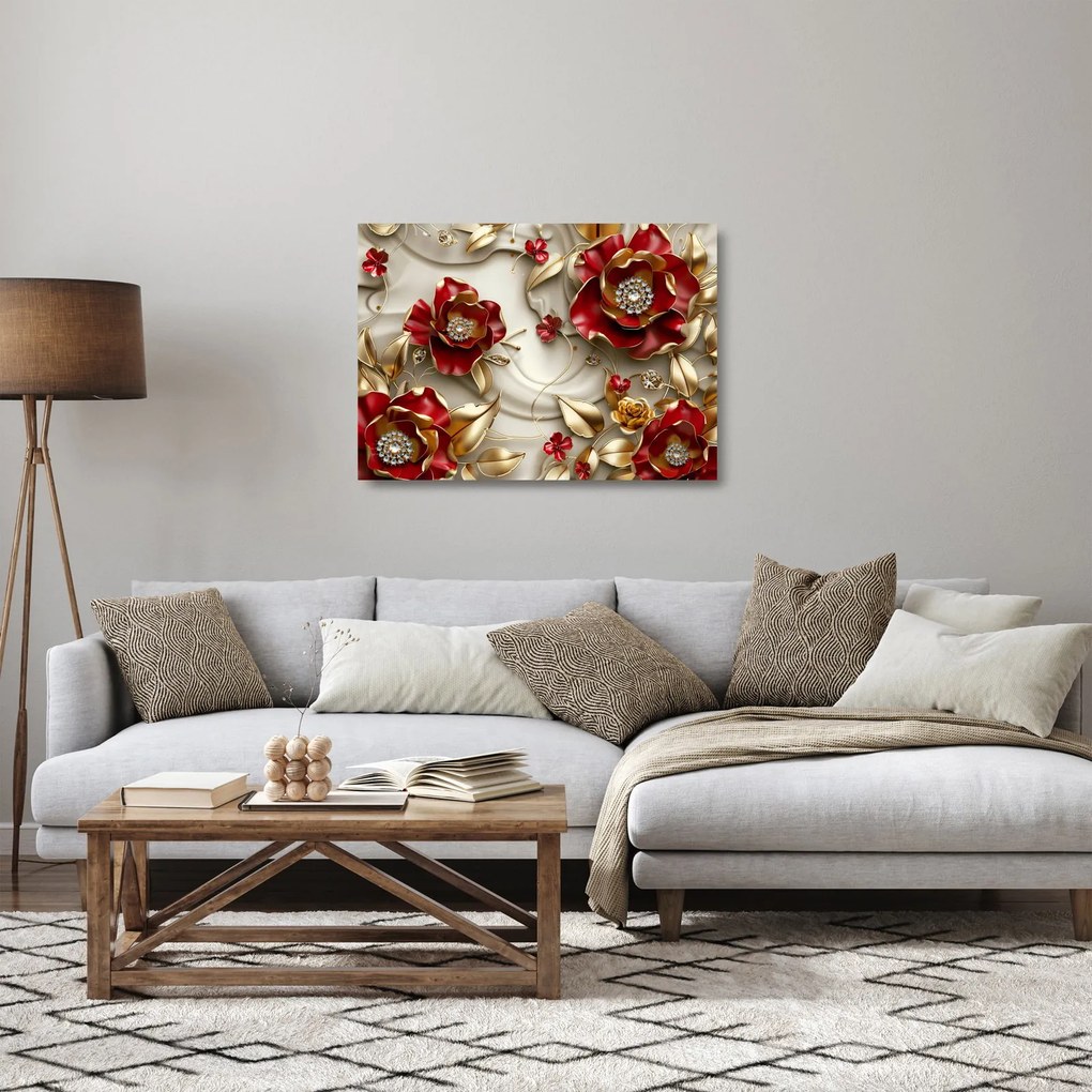 Tablou pe sticlă - Flori 3D Roșu-Auriu (70x50 cm)