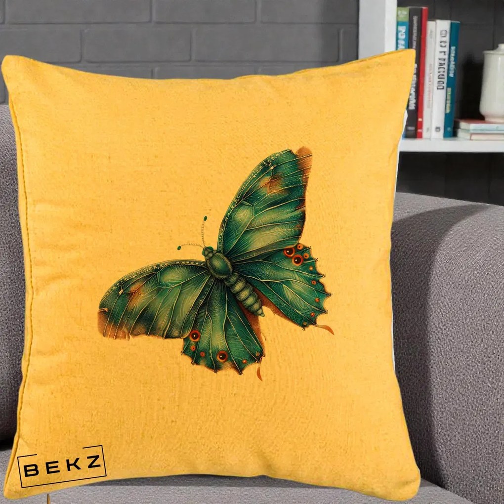 Perna Decorativa Fluture Albastru Satin cu Pete Aurii, 40x40 cm, Galben, Husa Detasabila, Perna Inclusa, BEKZ®