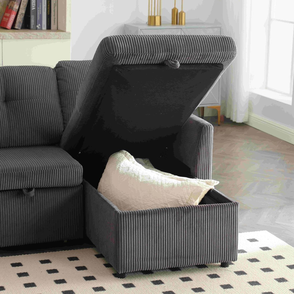 Canapea modulară în formă de L din catifea, canapea extensibilă rabatabilă convertibilă, cu spații de depozitare în scaune, Gri Închis