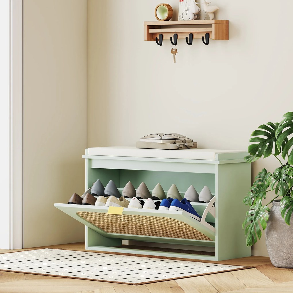 HOMCOM Banc pentru pantofi, banc de depozitare, șezut căptușit, sertar rabatabil, ușă din ratan, 80 x 26 x 47,5 cm, verde | Aosom Romania
