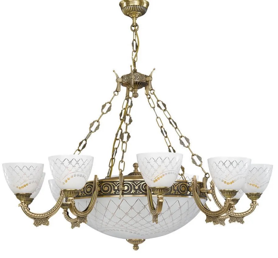 Candelabru cu 10 brate clasic design italian din alama, sticla 7052 RA-L. 7052/10+4