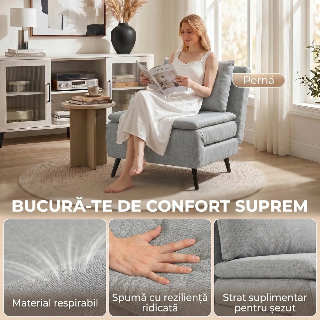 HOMCOM Fotoliu Pat cu Spătar Reglabil 3 Poziții, Pernă Detașabilă din Țesătură cu Aspect de In, Gri Deschis | Aosom Romania