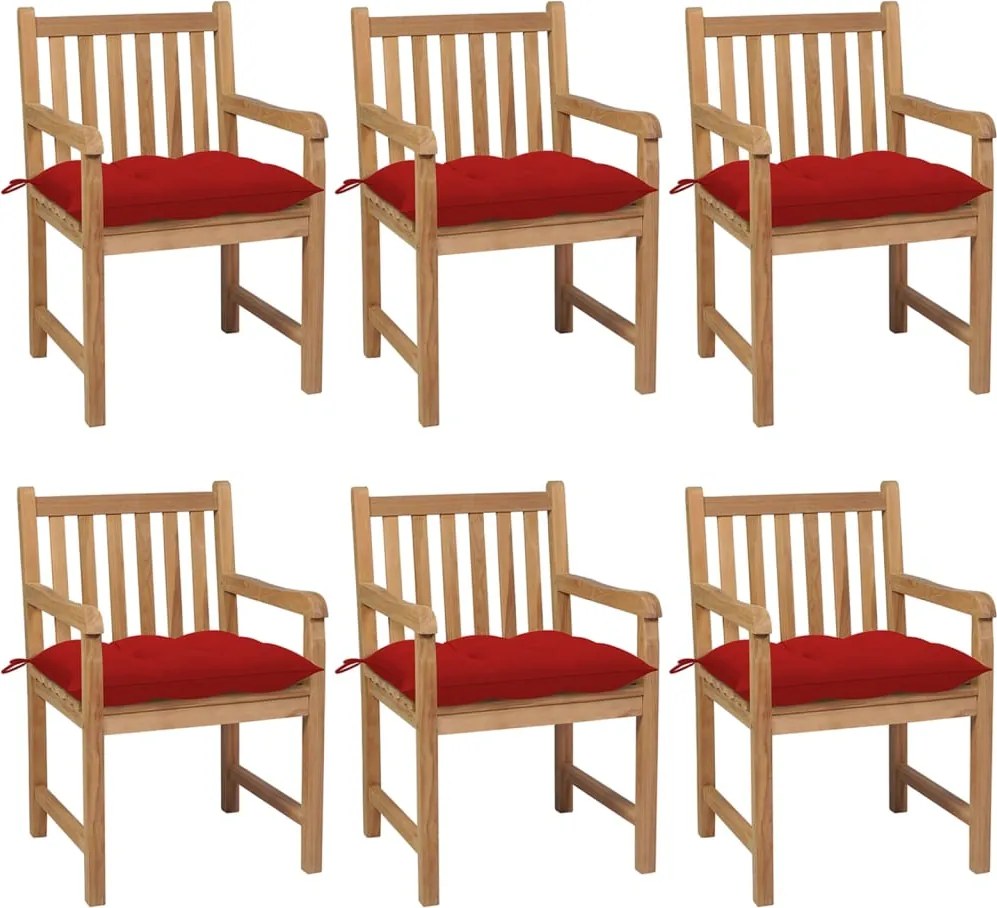 vidaXL Scaune de grădină cu perne roșii, 6 buc., lemn masiv de tec