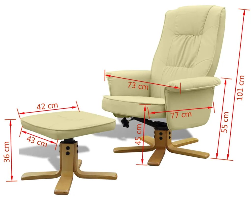 Fotoliu cu taburet, alb crem, piele ecologica 1, Alb crem