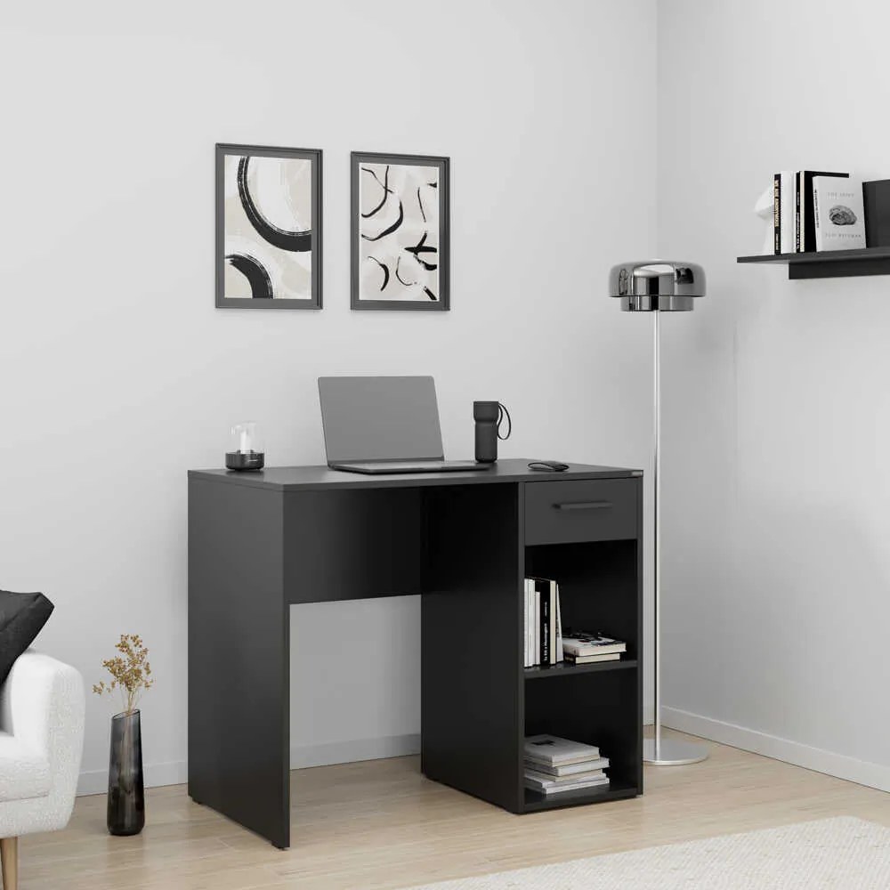 Birou Modern Adore Concept cu Sertar și 2 Rafturi, Alb - Maro - Stejar - Antracit, 90x52x75 cm