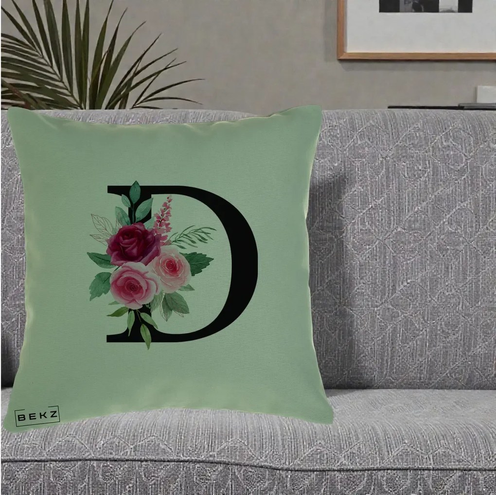 Cadou Personalizat - Perna Personalizata Monograma Florala Litera D, 40x40 cm, Verde, Husa Detasabila, Perna Inclusa, BEKZ®