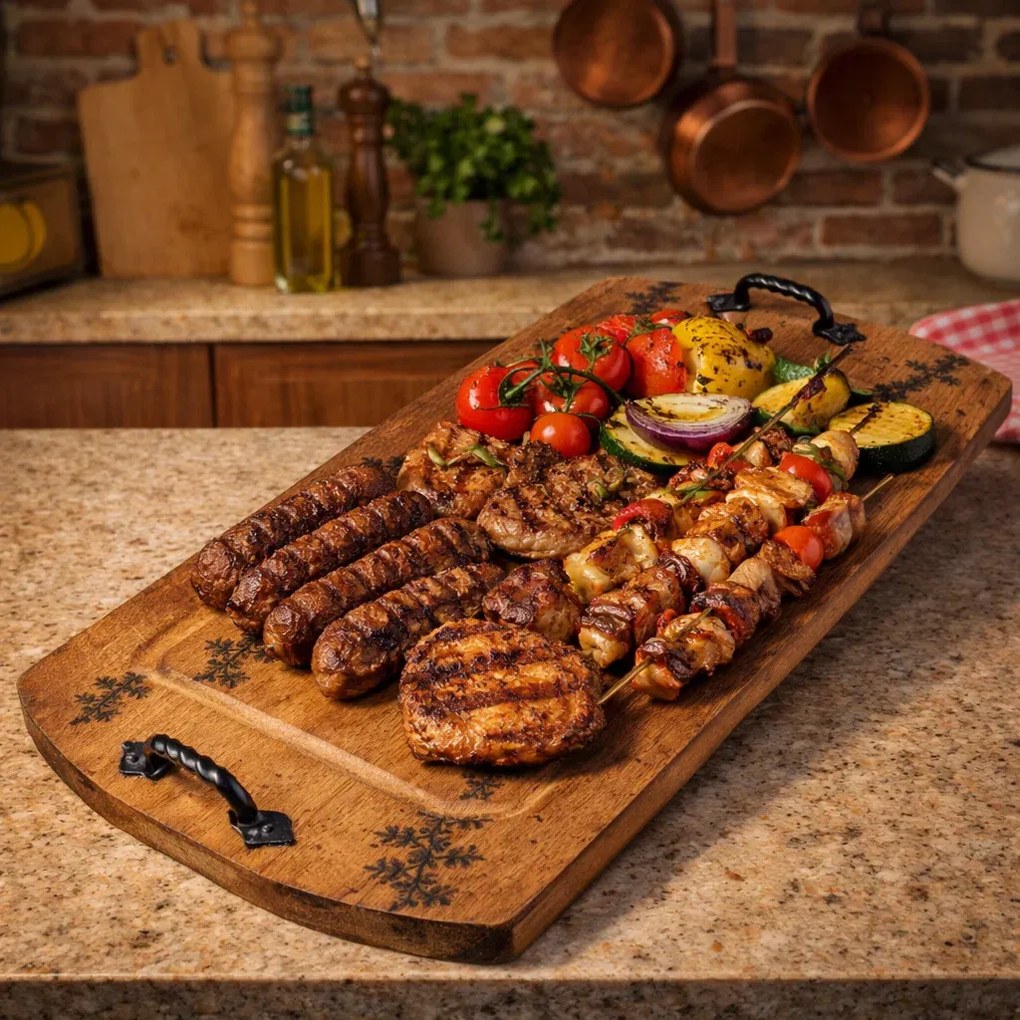 Tava din lemn cu manere din fier forjat 61x31 cm