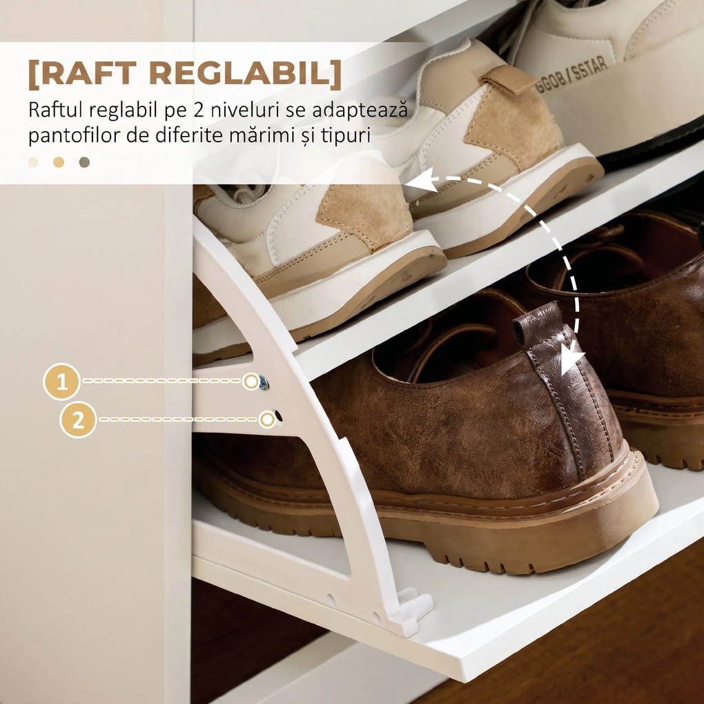 HOMCOM Etajeră pentru Pantofi, 12 Perechi, cu 2 Rafturi Interioare Reglabile și 2 Sertare, din Lemn, 80x30x91.5 cm, Alb | Aosom Romania