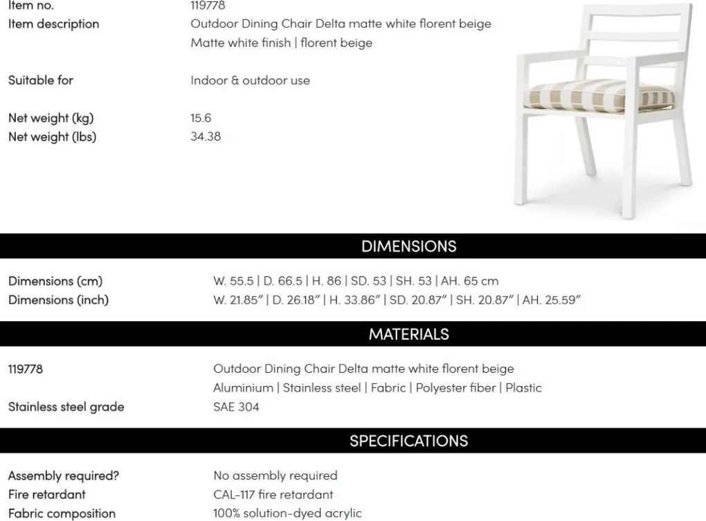 Scaun de interior/ exterior elegant design LUX Delta, alb mat