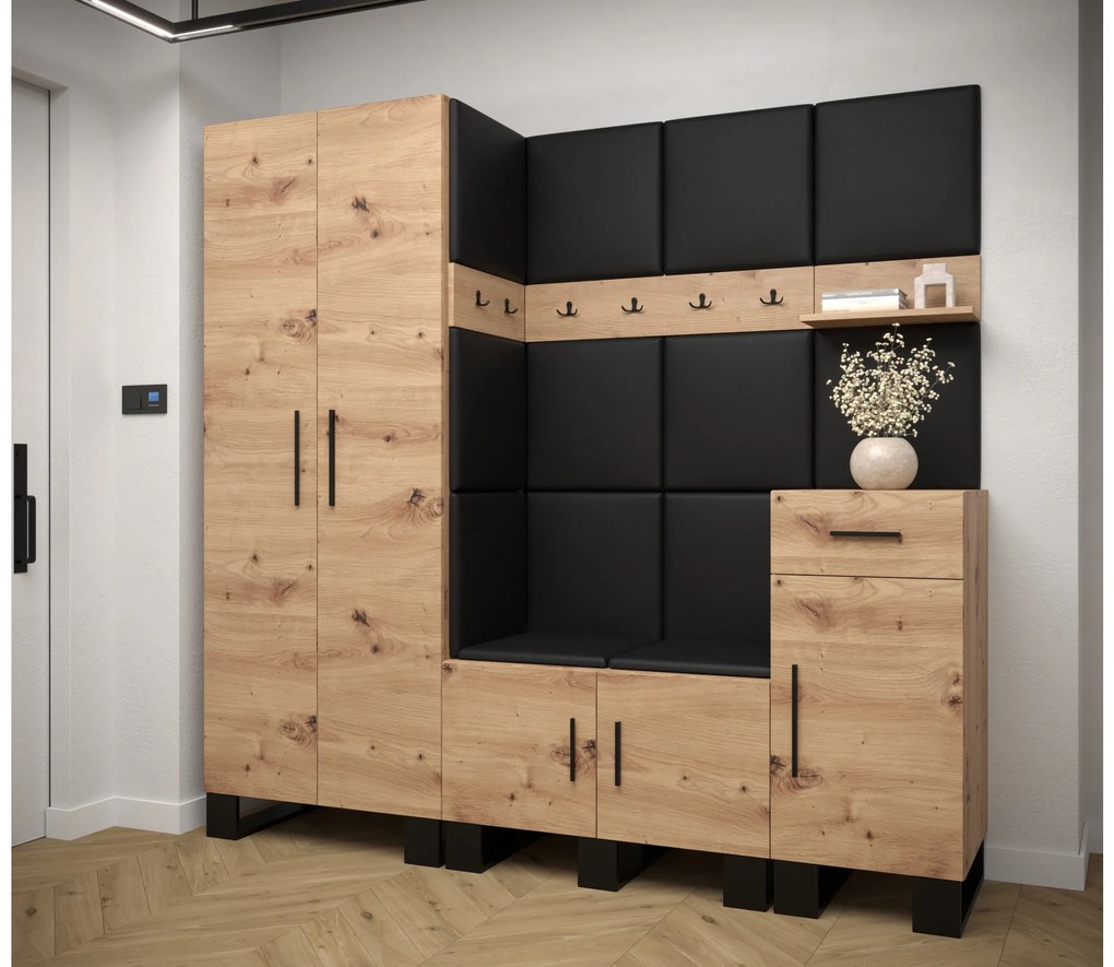 Set mobilier pentru hol Amanda 1 (Stejar artisan + piele ecologică Negru). 1085865