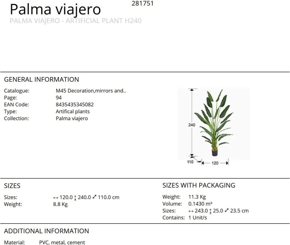 Planta artificiala decorativa Palma viajero, H240