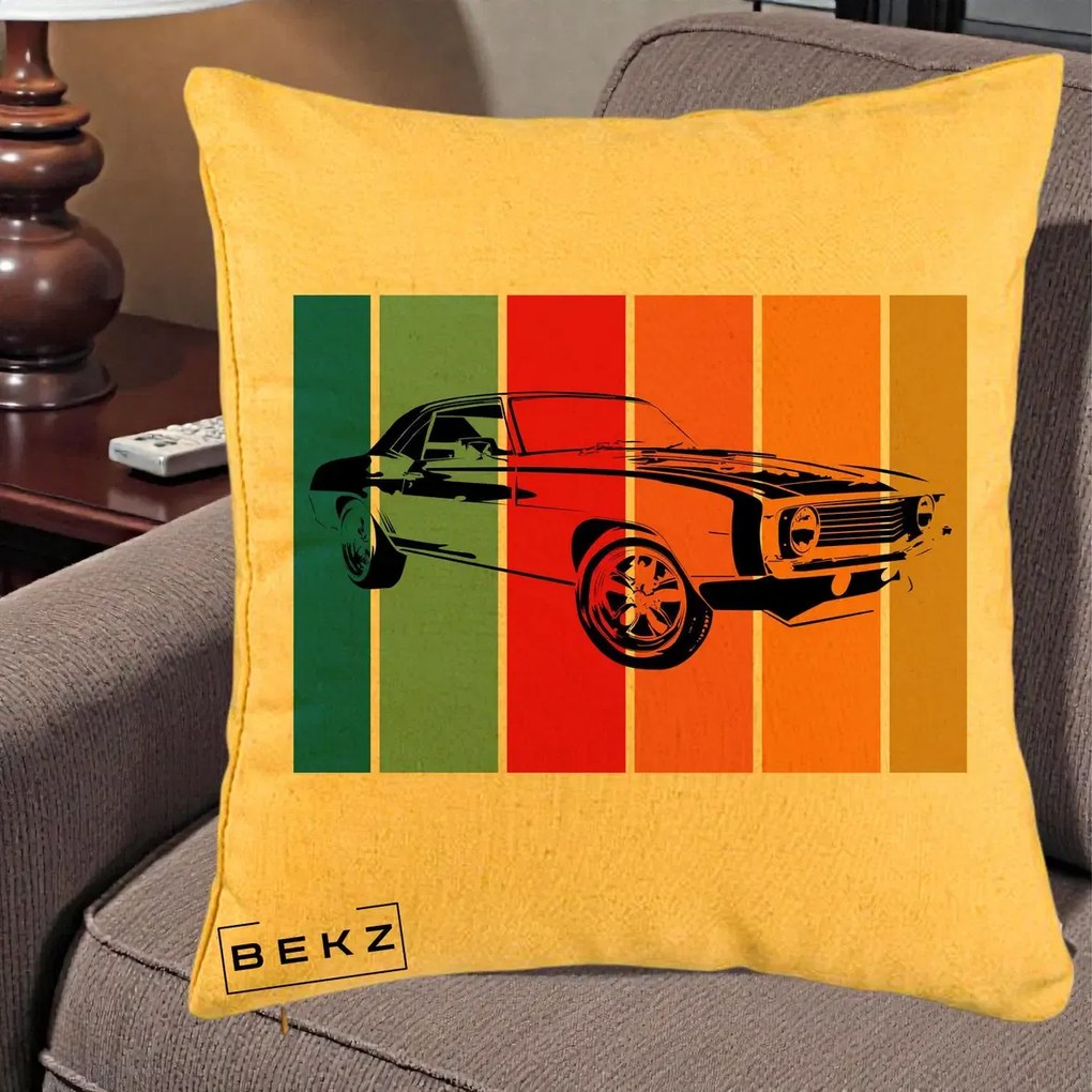 Perna Personalizata Masina Retro Muscle Car Grafic, 40x40 cm, Galben, Husa Detasabila, Perna Inclusa, BEKZ®